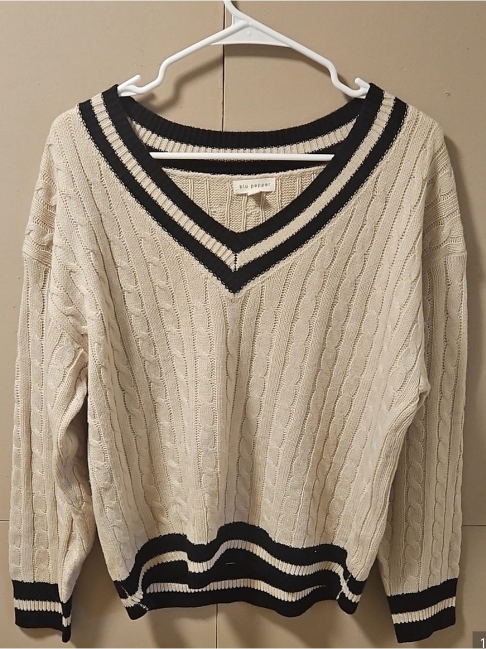 Blu Pepper Cream Cable Knit V-Neck Sweater with Black Stripe Trim